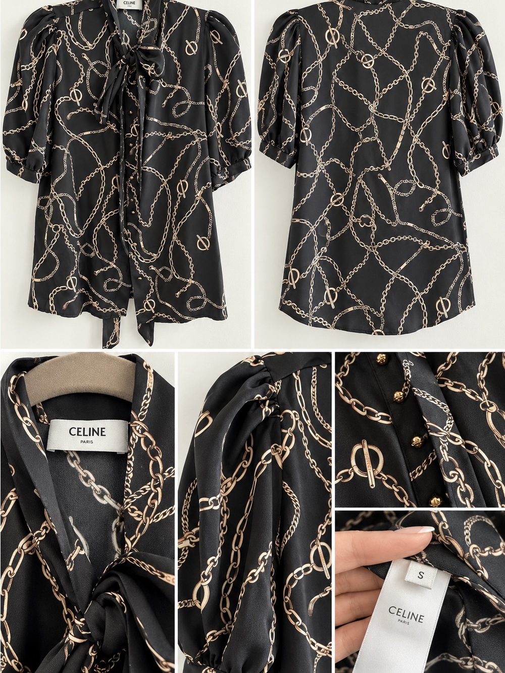 Celine Black Blouse with Gold Chain Print and Tie Neck fits S-M